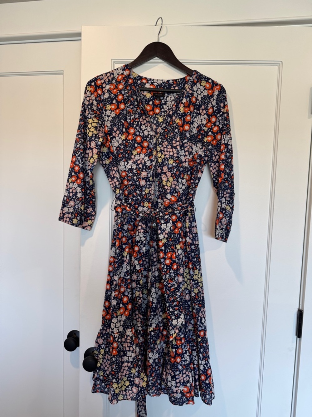 Talbot’s Floral Tie-Waist Midi Dress - Navy with Orange & Pink Floral